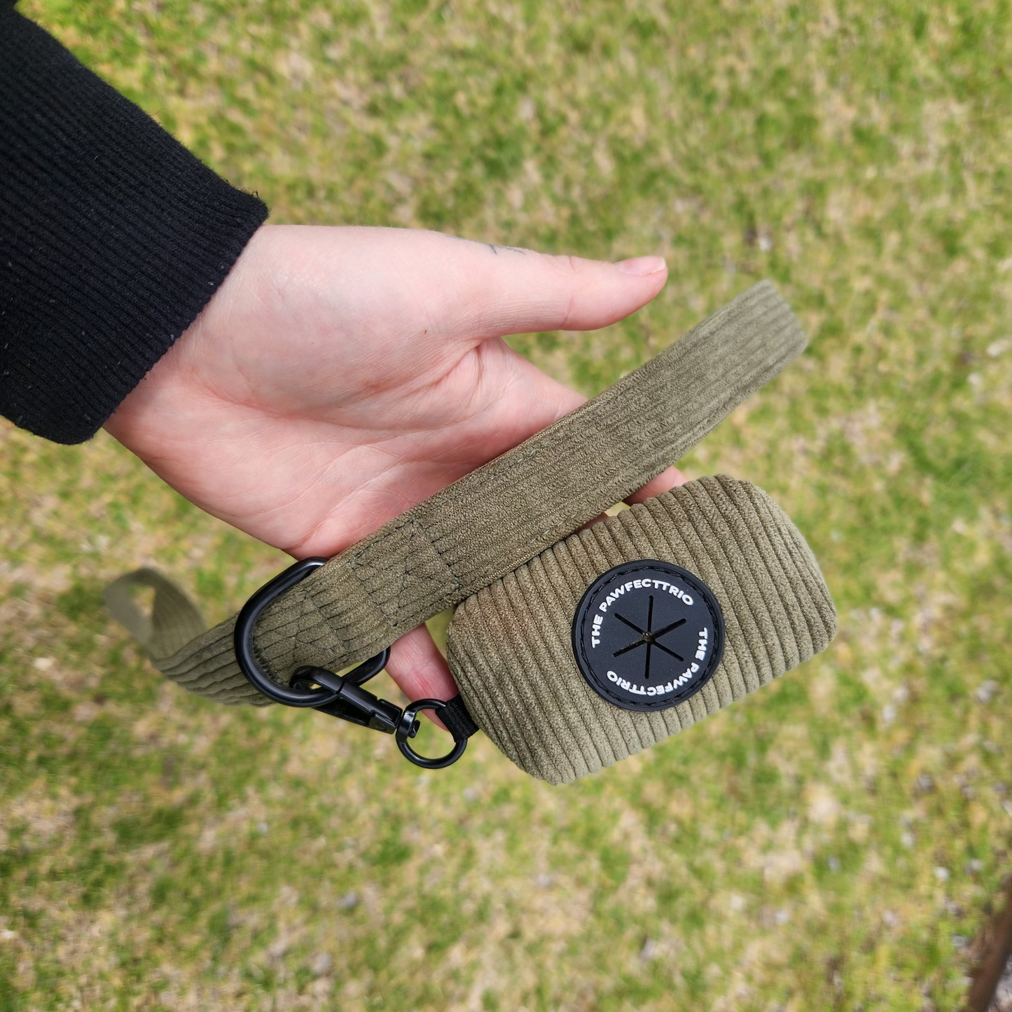 Cream corduroy dog poop pouch from The Pawfect Trio with a compact design and secure closure for easy on-the-go waste disposal.