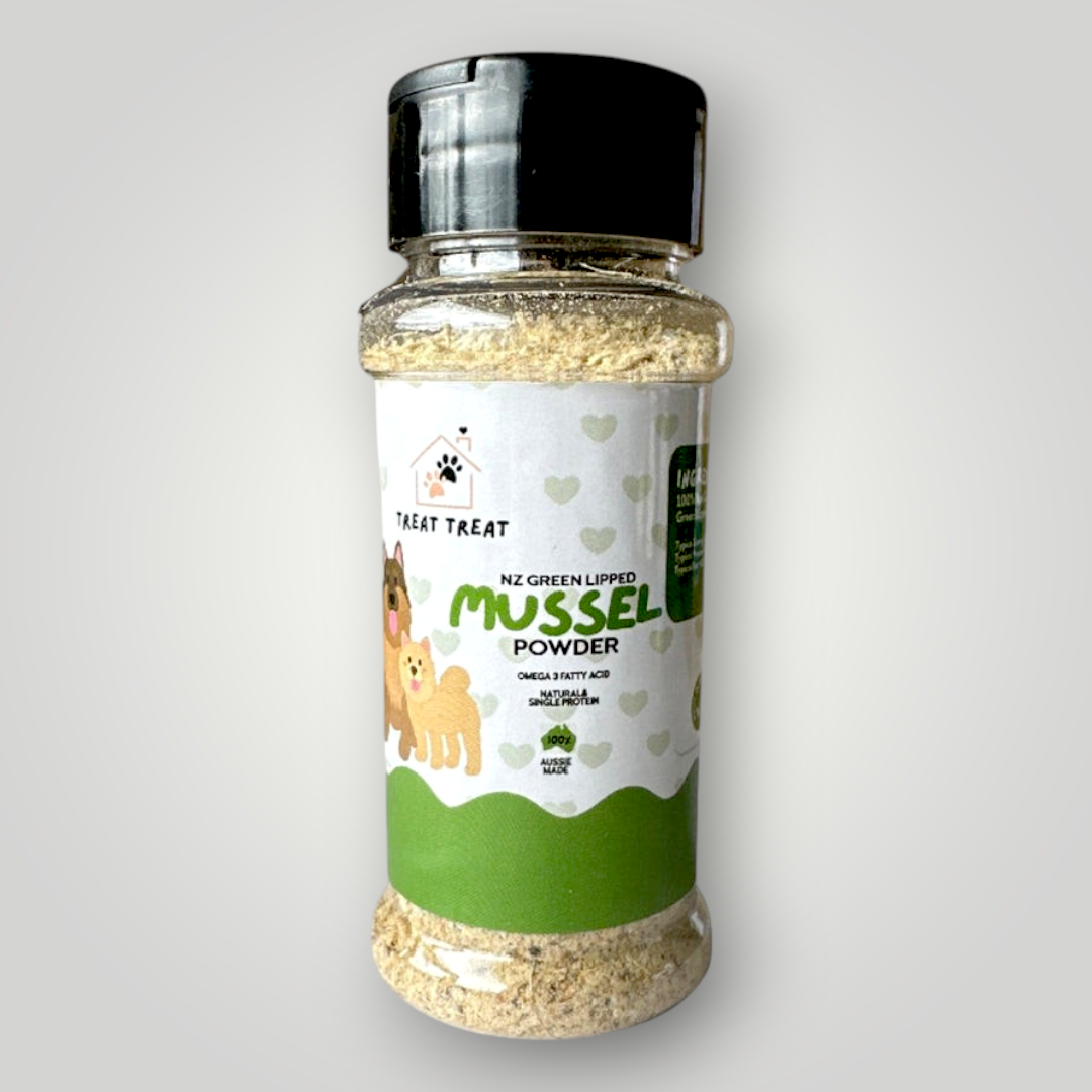Green Lipped Mussel Meal Topper for pets, by Treat Treat, highlighting fresh, natural pet wellness supplement in a clear container.