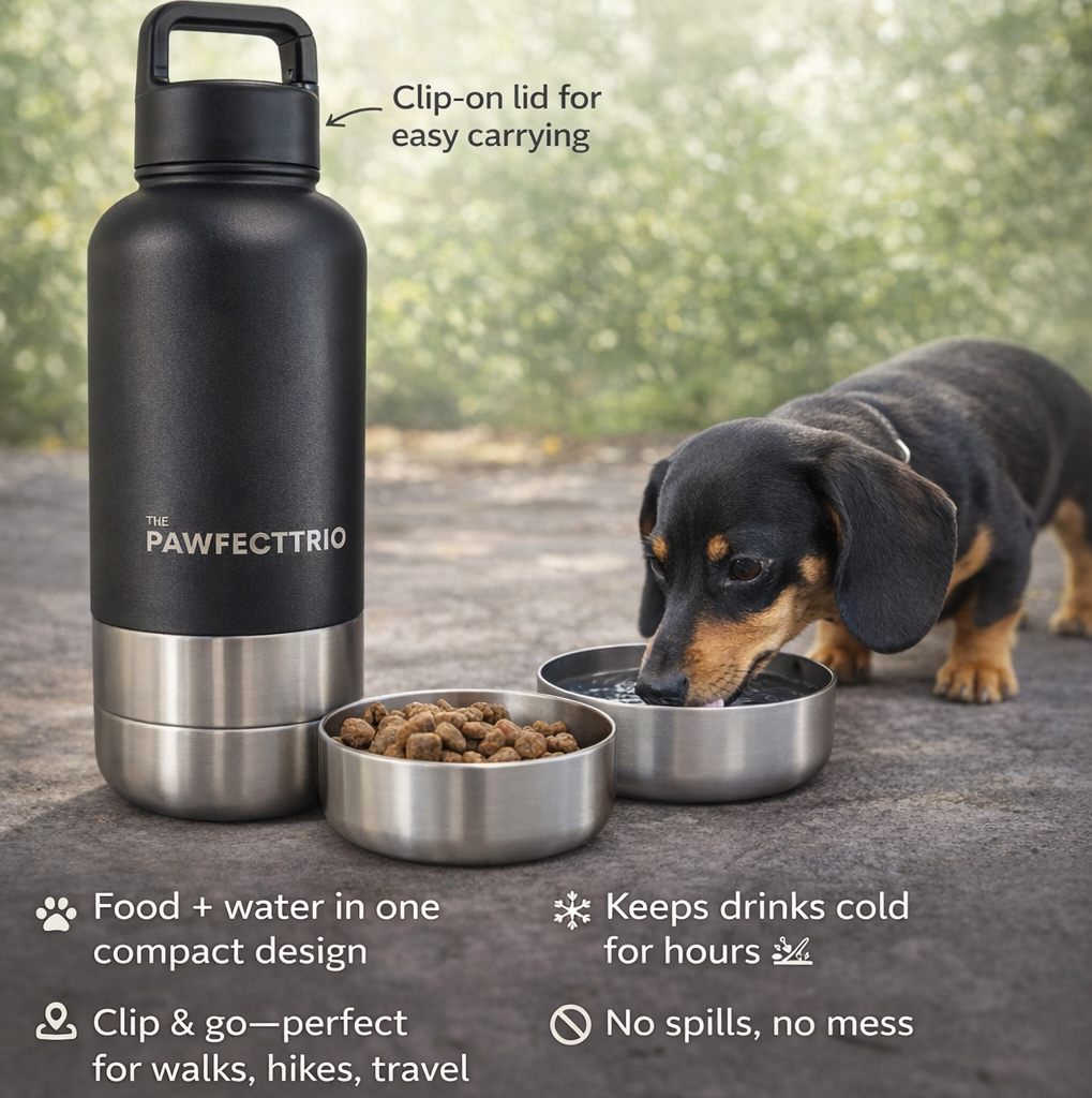 The Pawfect Trio Pet Accessories adventure water bottle with a built-in dispenser for keeping pets hydrated during outdoor activities.