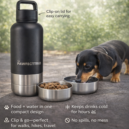 The Pawfect Trio Pet Accessories adventure water bottle with a built-in dispenser for keeping pets hydrated during outdoor activities.