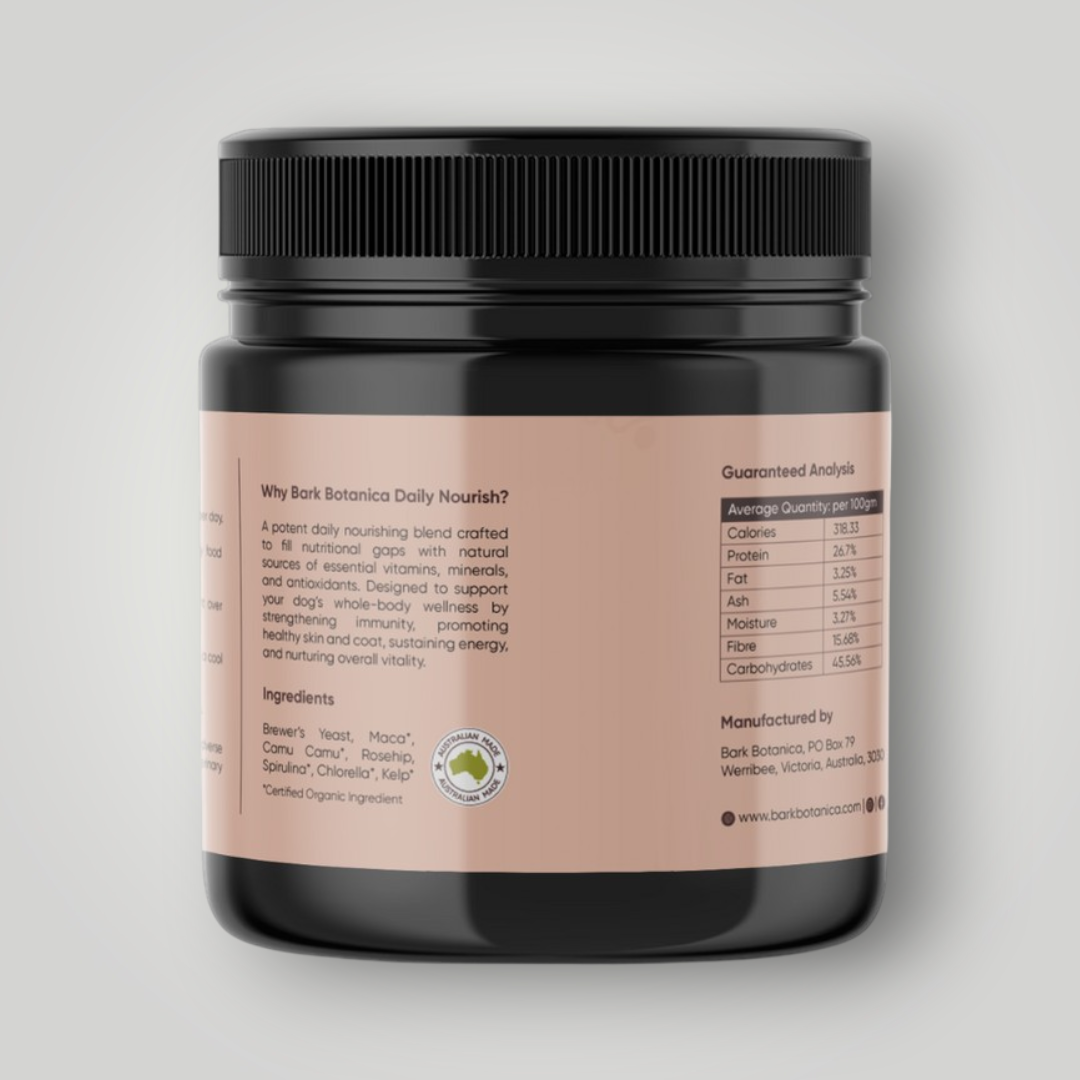 Bark Botanica Daily Nourish pet wellness supplement bottle with label, featuring natural ingredients for overall pet health.