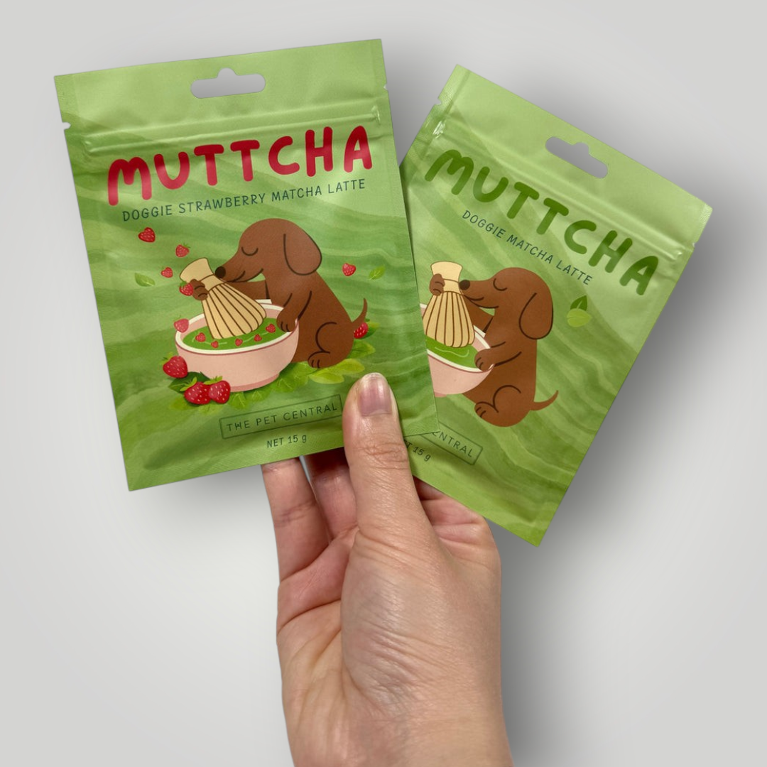 Doggie Matcha Latte Duo by The Pawfect Trio, dog treats in colorful packaging with images of dogs and matcha latte ingredients.