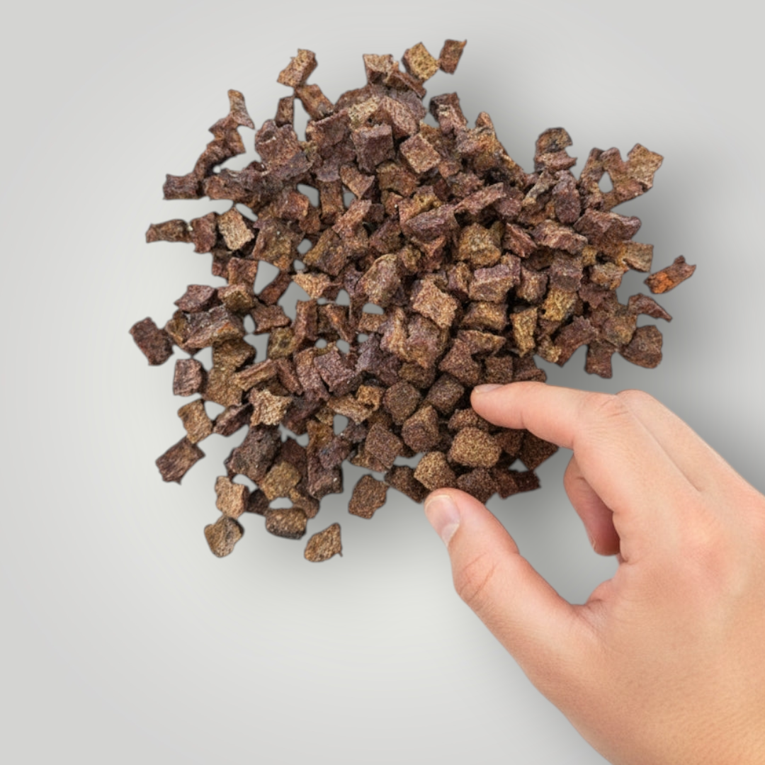 Treat Treat Kangaroo Training Bites dog treats, small and chewy for training, shown in a resealable bag with treats inside.