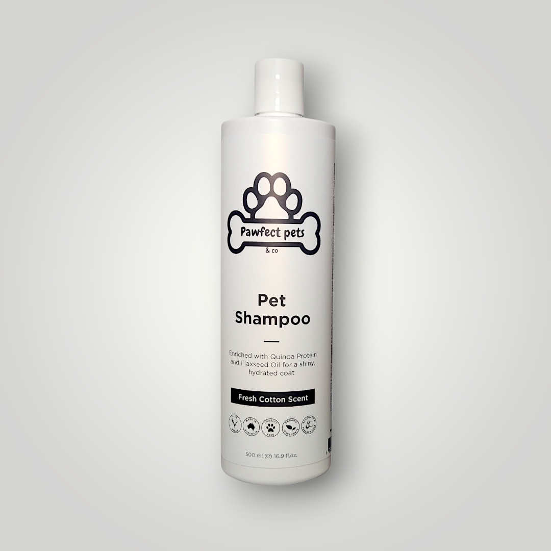Pawfect Pets & Co dog shampoo bottle for pet wash, with a clean design and label, suitable for grooming and bathing dogs.