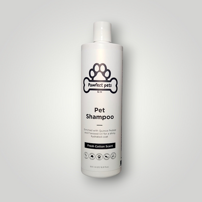 Pawfect Pets & Co dog shampoo bottle for pet wash, with a clean design and label, suitable for grooming and bathing dogs.