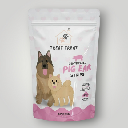 Treat Treat pig ear strips dog treats, showing crunchy, natural pig ear strips for dogs on a neutral background.