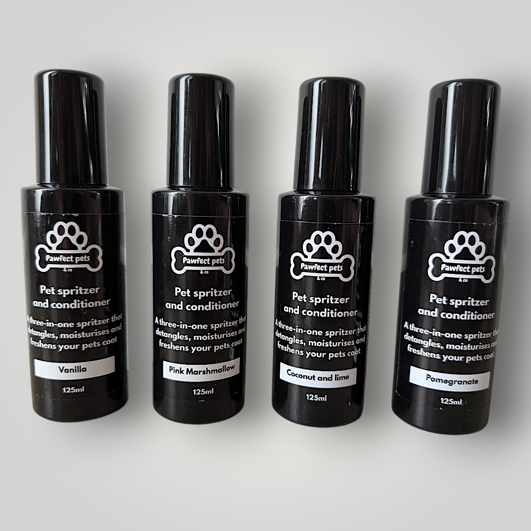 Pawfect Pets & Co dog conditioning spray in a spray bottle, designed for pet wash and grooming to condition and refresh dogs.