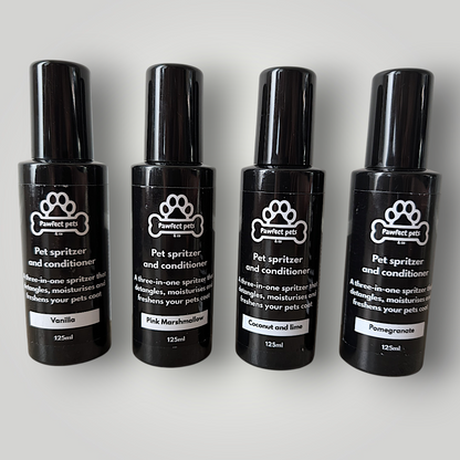 Pawfect Pets & Co dog conditioning spray in a spray bottle, designed for pet wash and grooming to condition and refresh dogs.