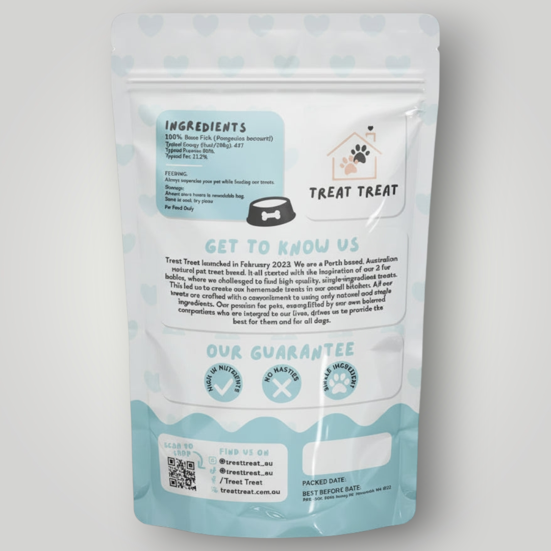 Treat Treat Basa Fish Fillets dog treats, shown as natural fish fillets with a light pink color and flaky texture.