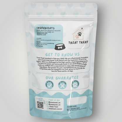 Treat Treat Basa Fish Fillets dog treats, shown as natural fish fillets with a light pink color and flaky texture.
