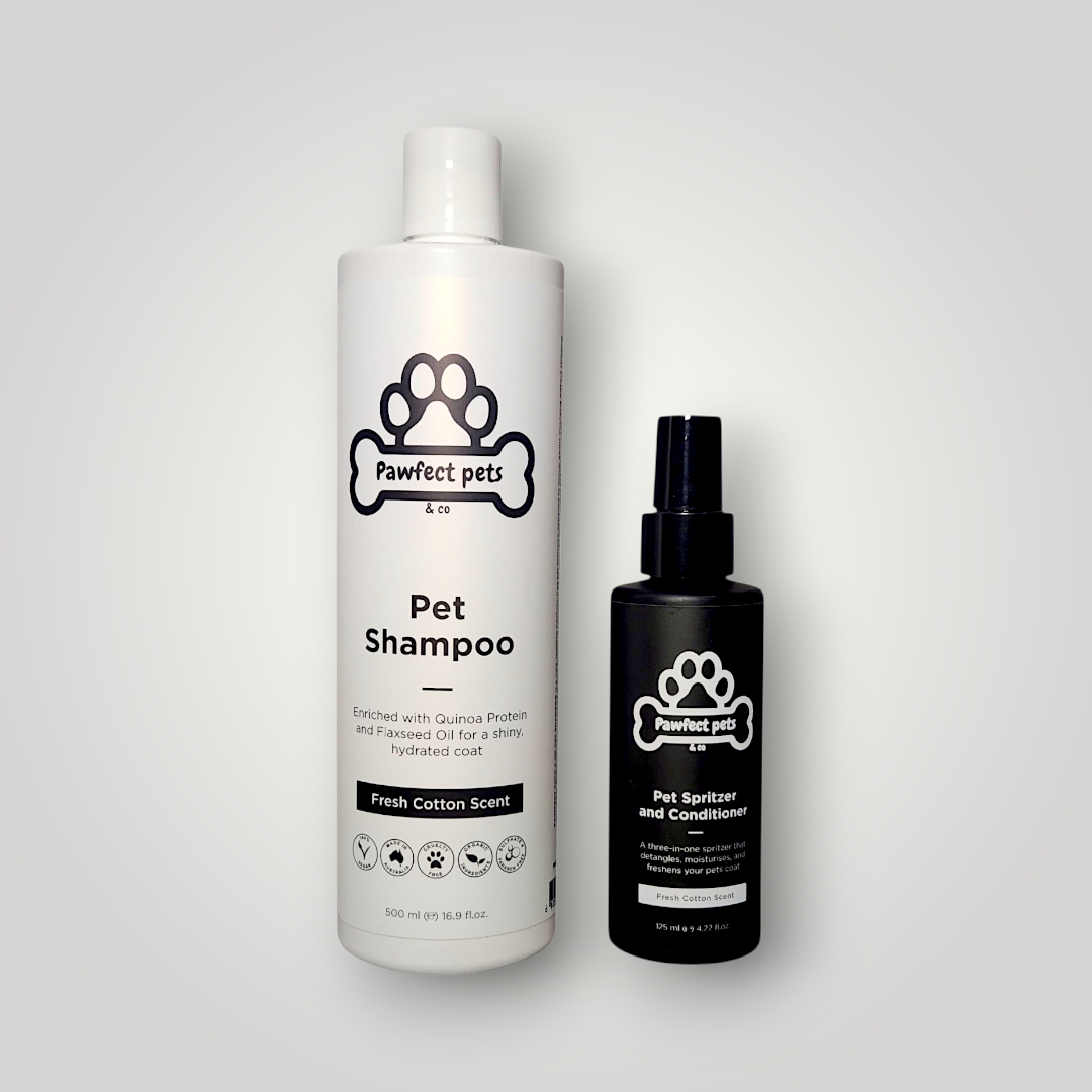 The Pawfect Trio pet shampoo and conditioner bundle with bottles of pet wash in colorful packaging for clean, shiny fur.