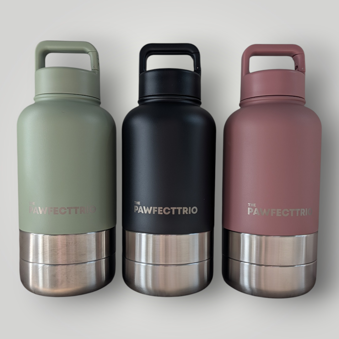 The Pawfect Trio Pawfect Adventure Bottle for pets, featuring a portable water bottle with a built-in bowl for outdoor use.
