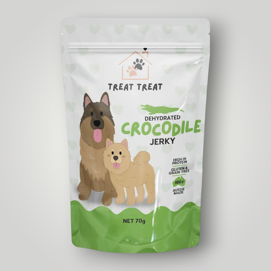 Treat Treat crocodile jerky dog treats, showing dried, sliced crocodile meat pieces in a natural presentation.