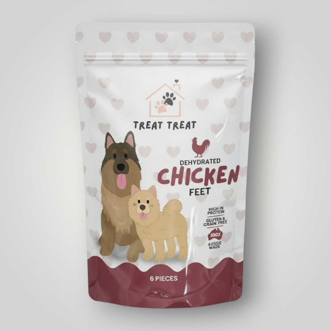 Dog treats featuring chicken feet from Treat Treat, showing the natural, crunchy chicken feet treats for dogs.