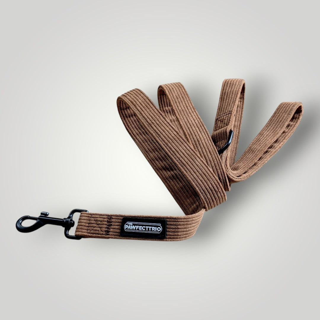 Corduroy dog leash from The Pawfect Trio, featuring durable pet accessories with a stylish corduroy texture and secure clasp.