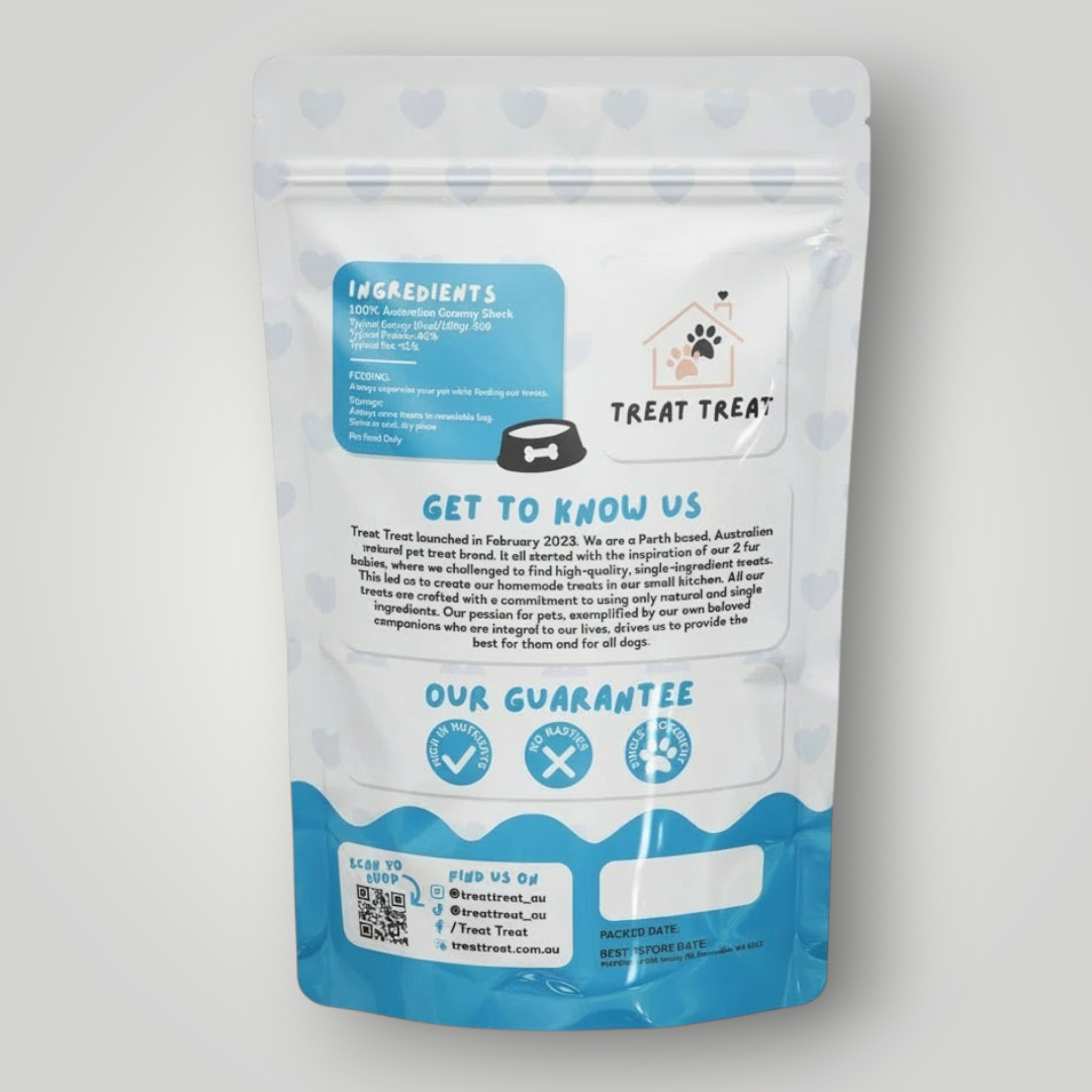 Dog treats featuring gummy shark cartilage from Treat Treat, showing chewy shark-shaped treats on a light background.