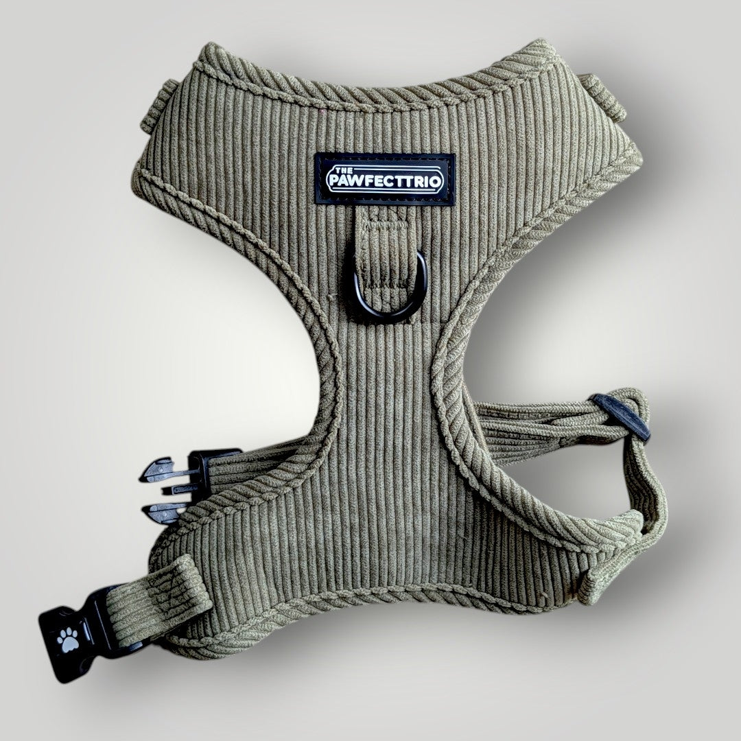 Corduroy dog harness from The Pawfect Trio, featuring soft fabric and adjustable straps for comfortable pet wearing.