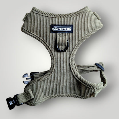 Corduroy dog harness from The Pawfect Trio, featuring soft fabric and adjustable straps for comfortable pet wearing.