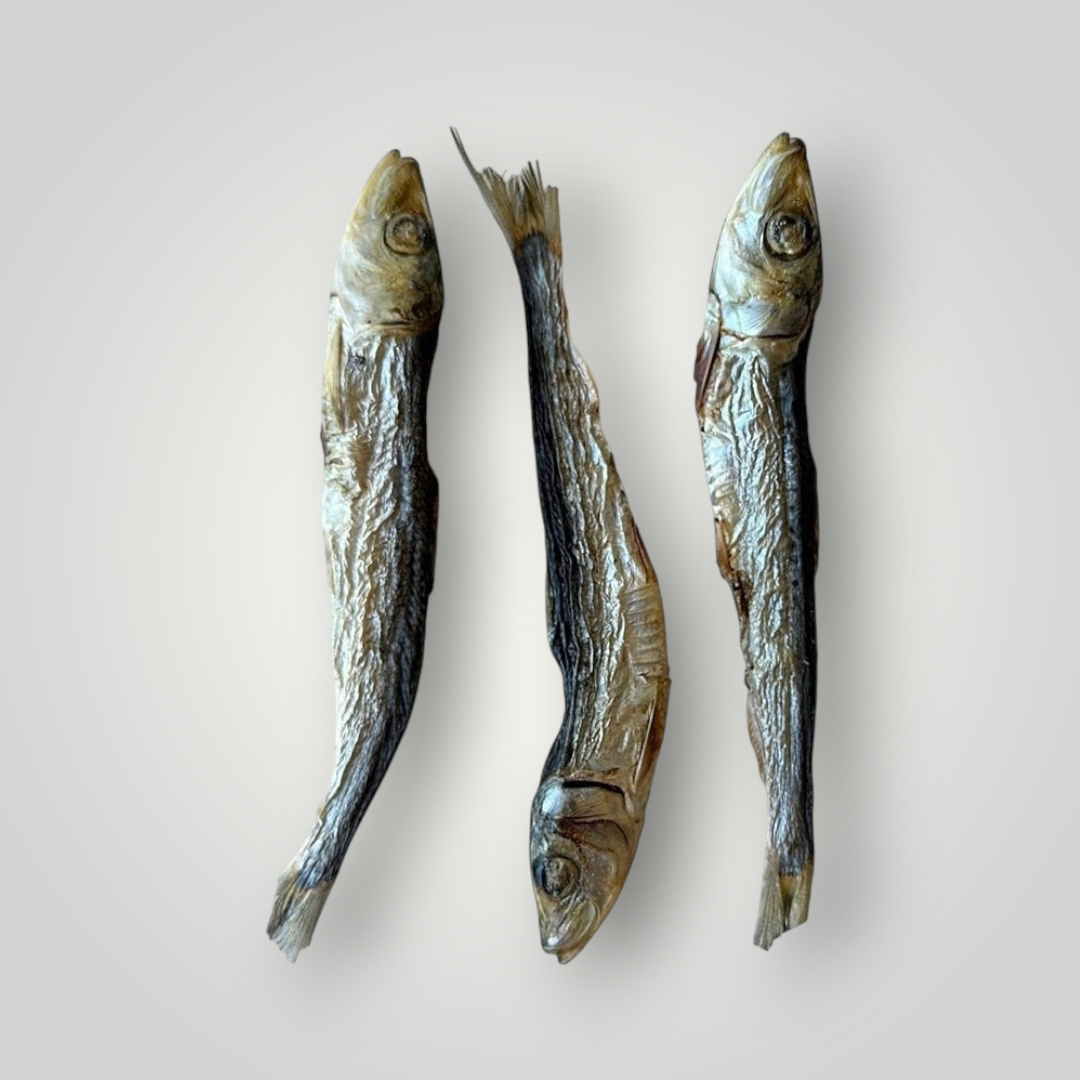 Dog treats made from pilchards by Treat Treat, with a close-up of the packaged treats featuring fish images and branding.