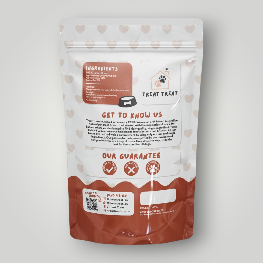 Treat Treat turkey jerky dog treats, showing strips of savory turkey jerky suitable for dogs, in natural packaging.