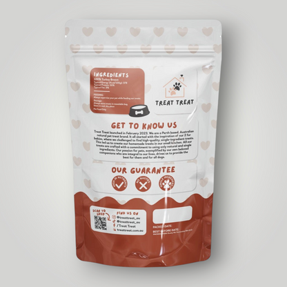 Treat Treat turkey jerky dog treats, showing strips of savory turkey jerky suitable for dogs, in natural packaging.