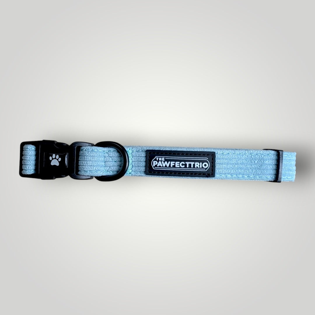 Brown corduroy dog collar from The Pawfect Trio, stylish pet accessory with adjustable buckle for comfortable fit.
