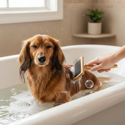 Bamboo Slicker Brush from The Pawfect Trio for pets, showing a wooden handle and fine metal bristles for grooming pets.
