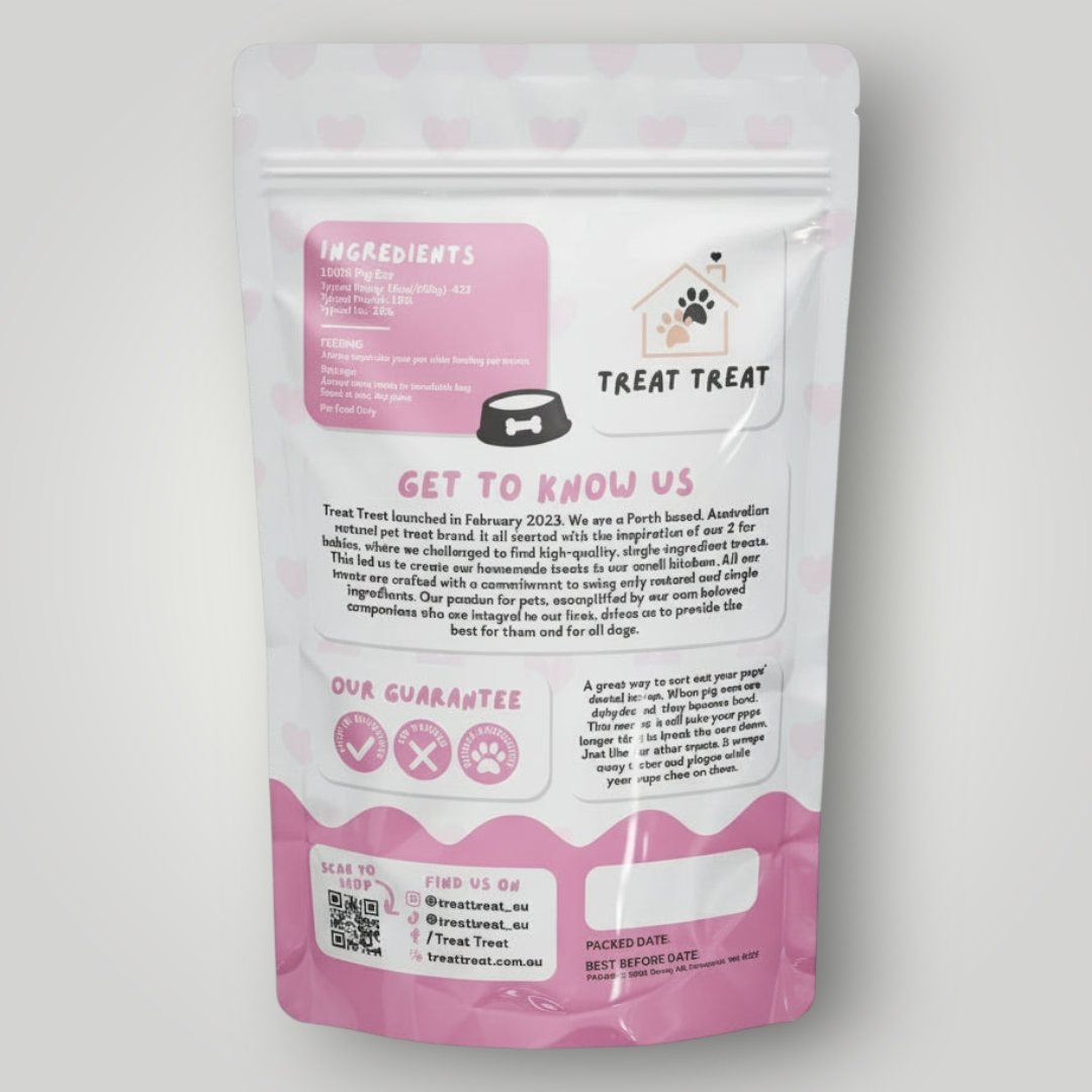 Treat Treat pig ear strips dog treats shown in a close-up image, highlighting the textured, natural pig ear treats for dogs.