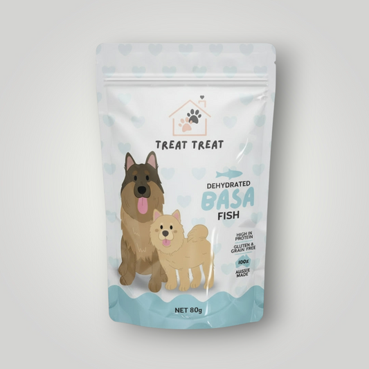 Treat Treat Basa Fish Fillets dog treats shown in a clear package, highlighting the fresh fish fillets suitable for dogs.