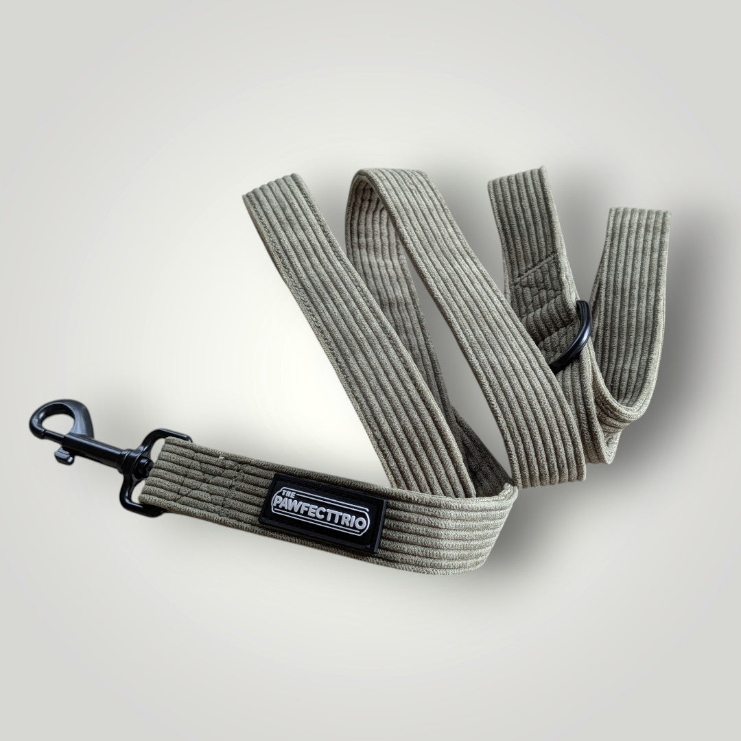 Corduroy dog leash from The Pawfect Trio featuring a durable, stylish pet accessory with a woven corduroy pattern and metal clasp.