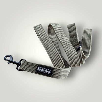Corduroy dog leash from The Pawfect Trio featuring a durable, stylish pet accessory with a woven corduroy pattern and metal clasp.