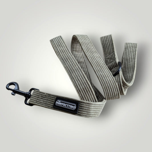 Corduroy dog leash from The Pawfect Trio featuring a durable, stylish pet accessory with a woven corduroy pattern and metal clasp.