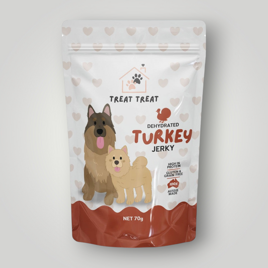 Dog treats by Treat Treat featuring turkey jerky, shown as chewy, natural dog treats perfect for rewarding pets.