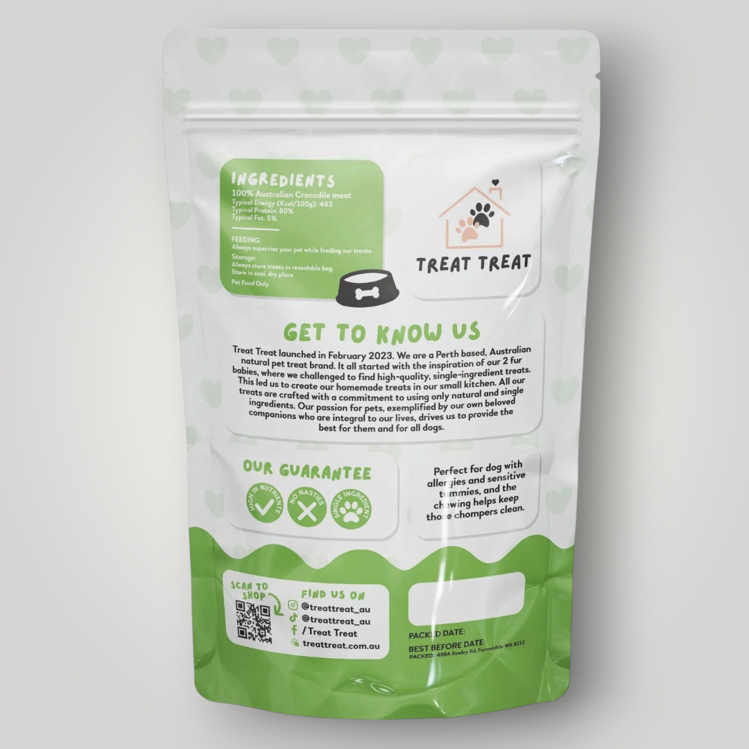 Treat Treat crocodile jerky dog treats shown in a close-up, showcasing the dried, textured strips suitable for canine snacking.