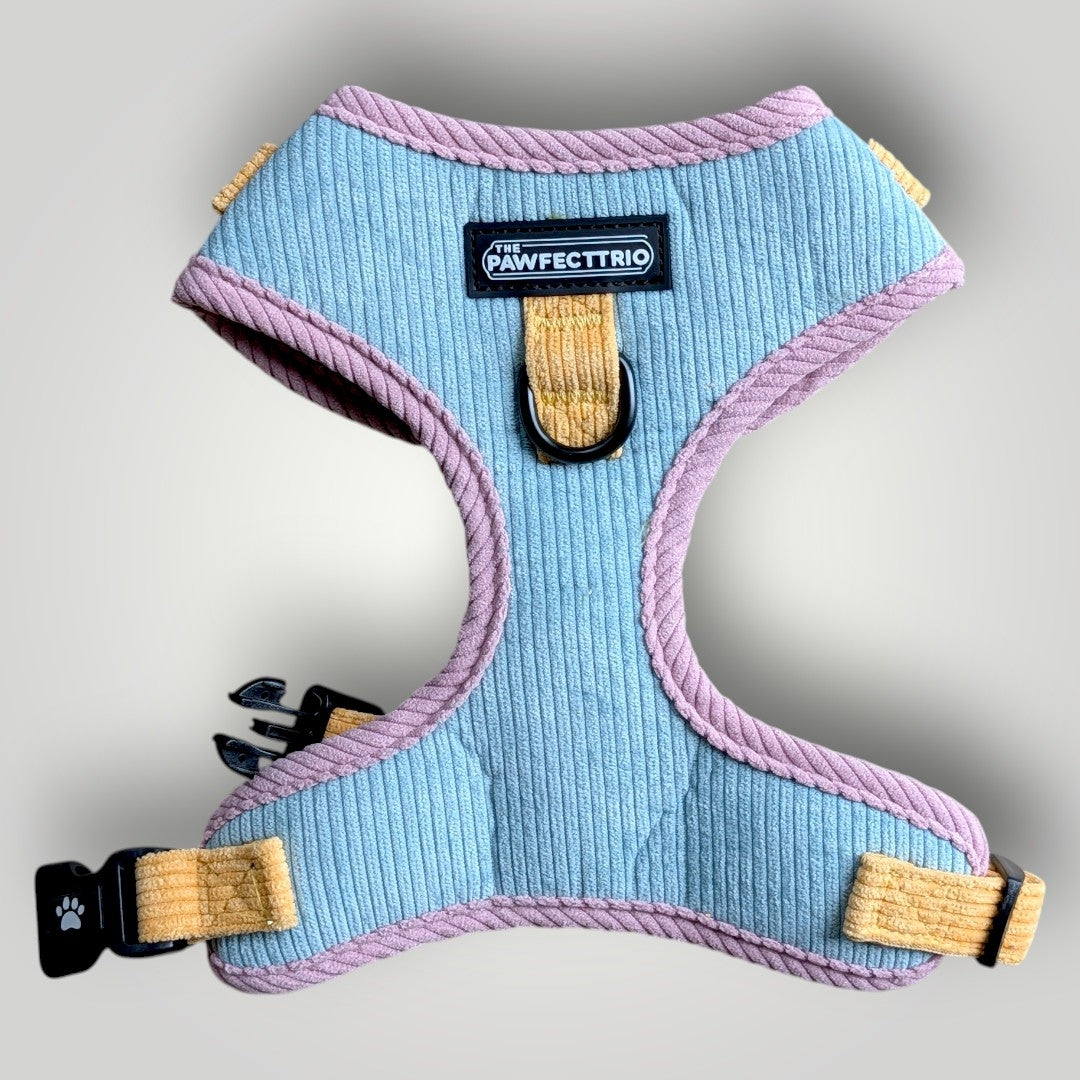Corduroy dog harness by The Pawfect Trio, pet accessory with adjustable straps and soft fabric for comfortable pet wear.