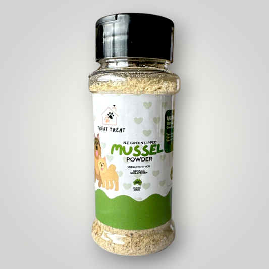 Green Lipped Mussel Meal Topper for pets, by Treat Treat, highlighting fresh, natural pet wellness supplement in a clear container.