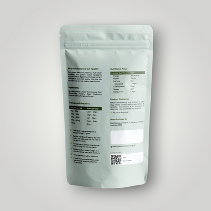 Bark Botanica Pet Wellness Gut Health supplement with natural ingredients, featuring a label and pet-friendly packaging.