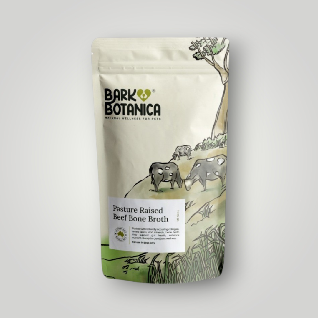 Bark Botanica grass-fed beef bone broth powder for pet wellness, shown in a resealable bag with natural ingredients.