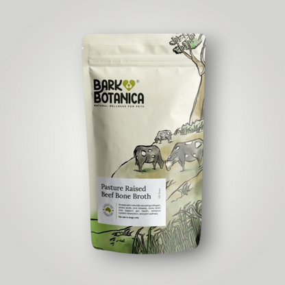Bark Botanica grass-fed beef bone broth powder for pet wellness, shown in a resealable bag with natural ingredients.