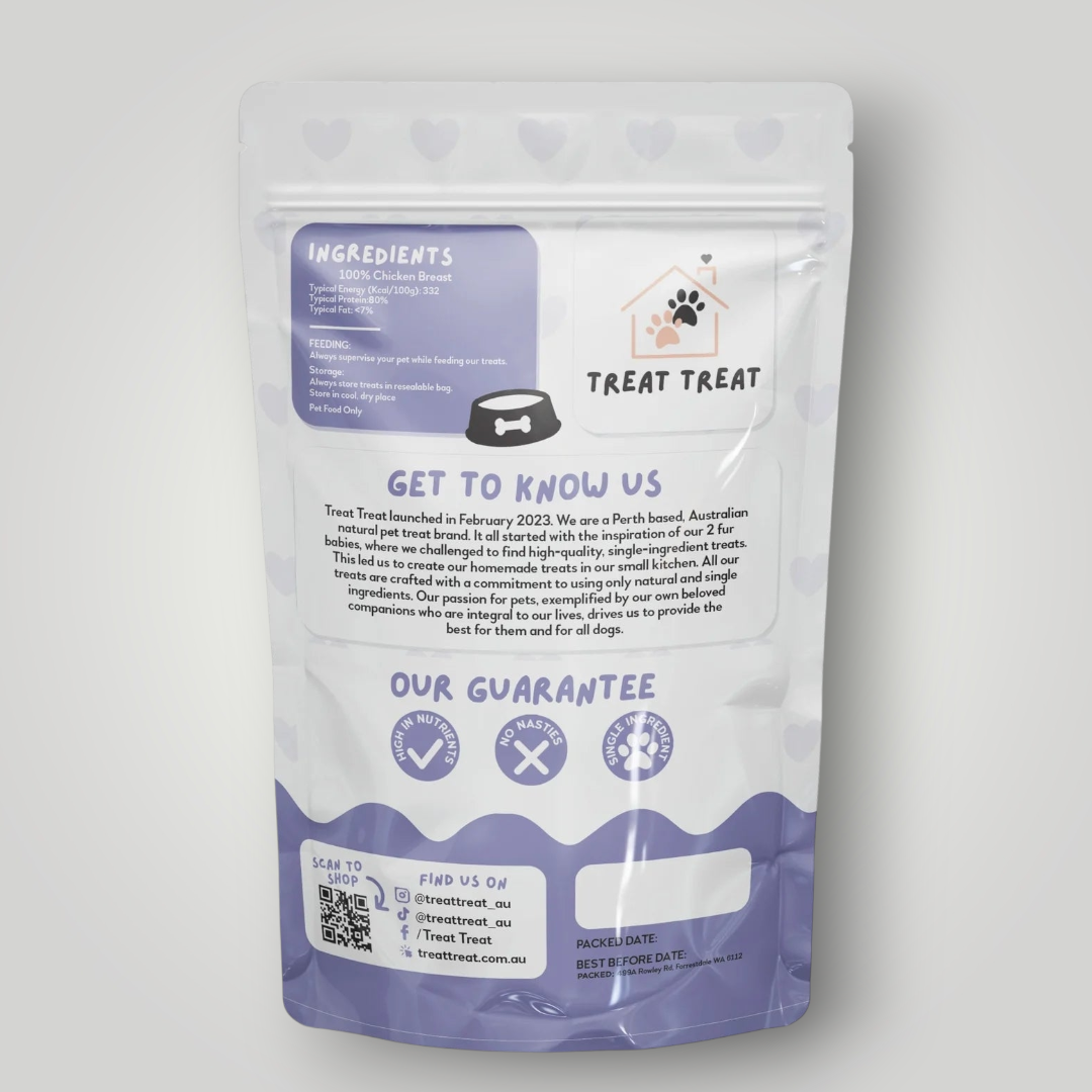 Treat Treat chicken jerky dog treats in a clear packaging, showcasing the savory, dried chicken strips for dogs.