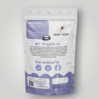 Treat Treat chicken jerky dog treats in a clear packaging, showcasing the savory, dried chicken strips for dogs.