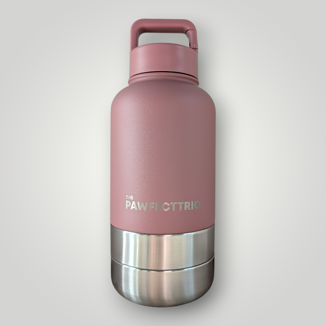 Pet accessory Pawfect Adventure Bottle by The Pawfect Trio, showing a portable pet water bottle with a built-in bowl for pets.