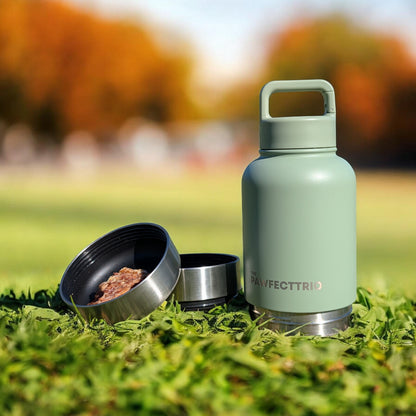Pet dog adventure water bottle by The Pawfect Trio, featuring a portable design with a built-in bowl for on-the-go hydration.