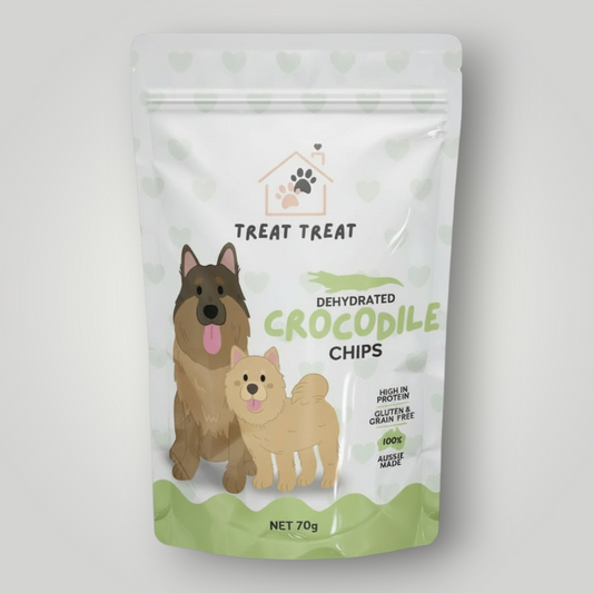 Treat Treat Crocodile Chips dog treats, natural chewy snacks for dogs, with crispy crocodile meat slices shown in the image.
