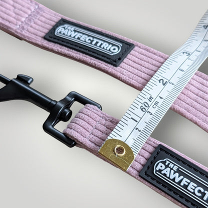 Corduroy dog leash from The Pawfect Trio, featuring durable fabric and a secure metal clip for pet walking accessories.