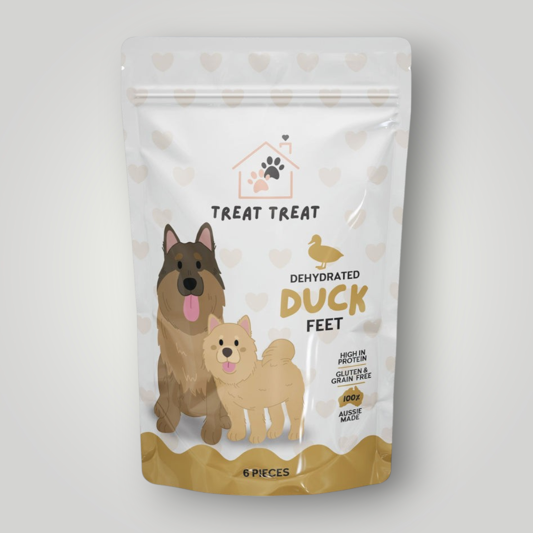 Treat Treat Duck Feet dog treats, dried chicken feet for dogs, showing crispy, natural chew treats with textured surface.