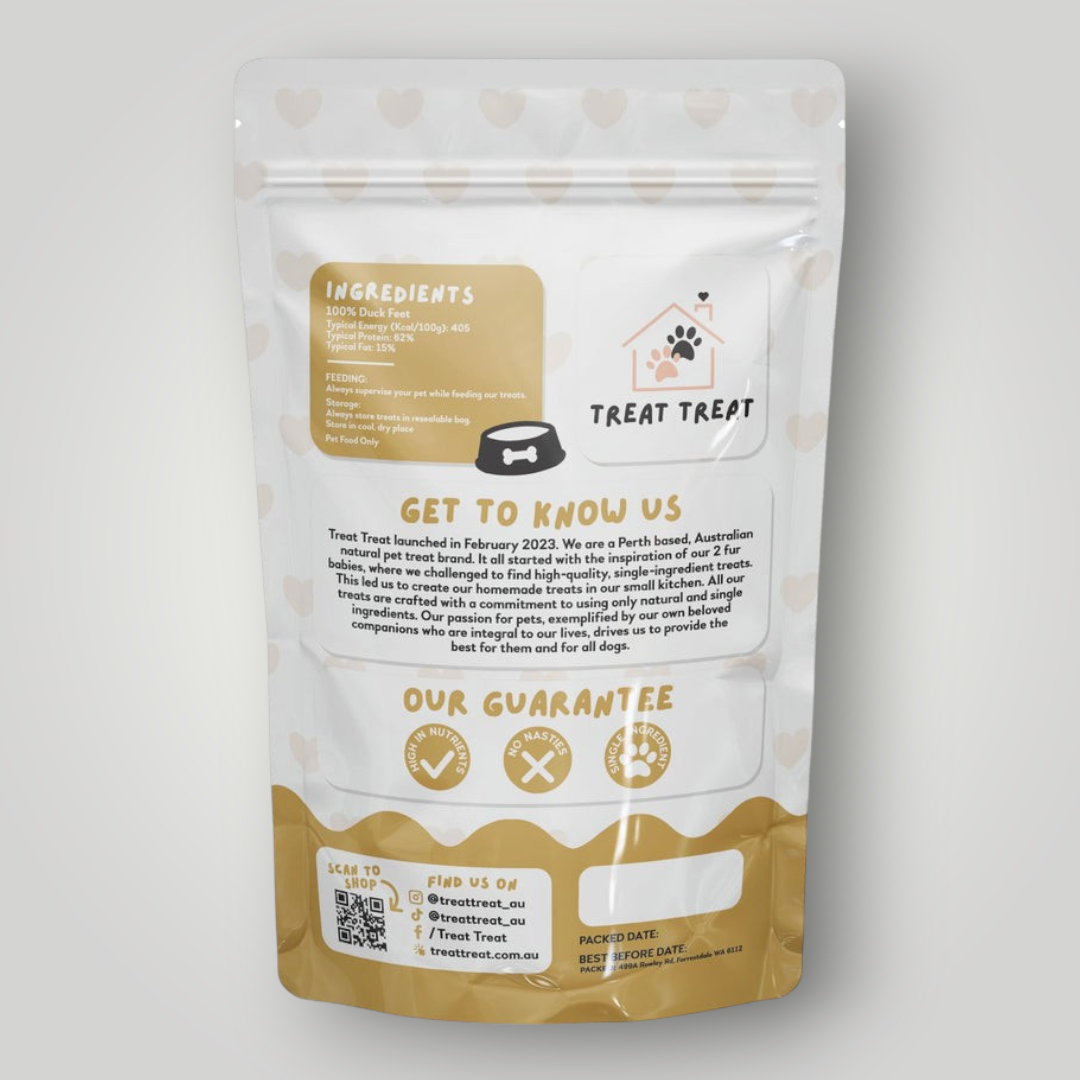Treat Treat duck feet dog treats, showing natural dried duck feet with textured surface for healthy chewing and canine nutrition.