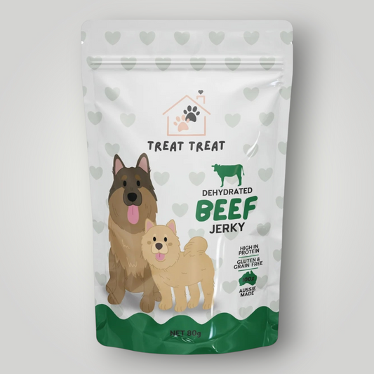 Dog treats by Treat Treat featuring beef jerky, showing a close-up of chewy, savory beef jerky dog treats on a white background.