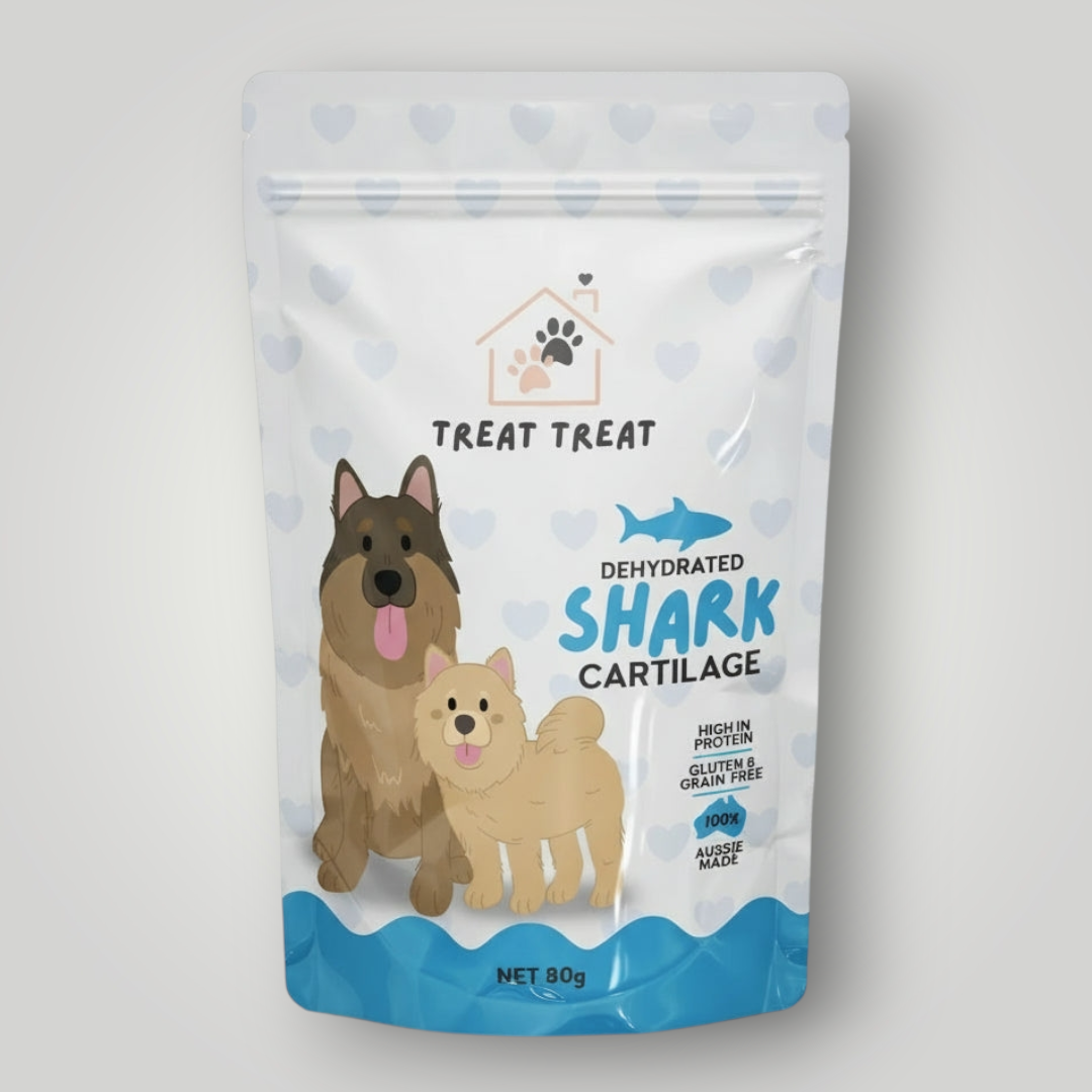 Dog treats by Treat Treat featuring gummy shark cartilage, shaped as small, chewy treats for canine health and enjoyment.
