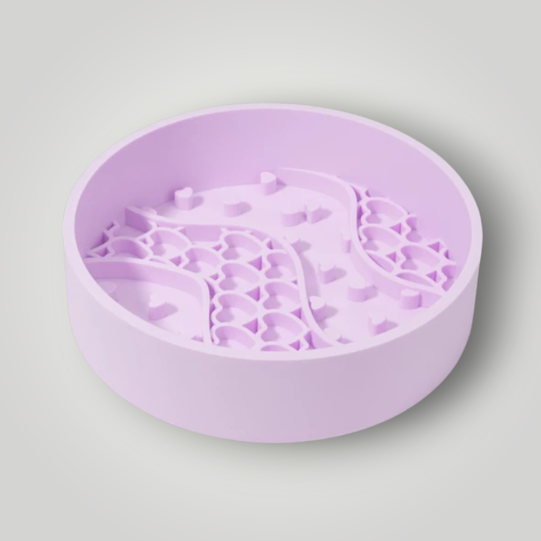 The Pawfect Trio slow feeder dog bowl with raised ridges and compartments to help slow down dogs during meals.